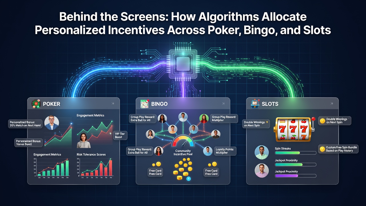 Flowchart illustrating real-time data processing from poker, bingo, and slots into centralized incentive engines