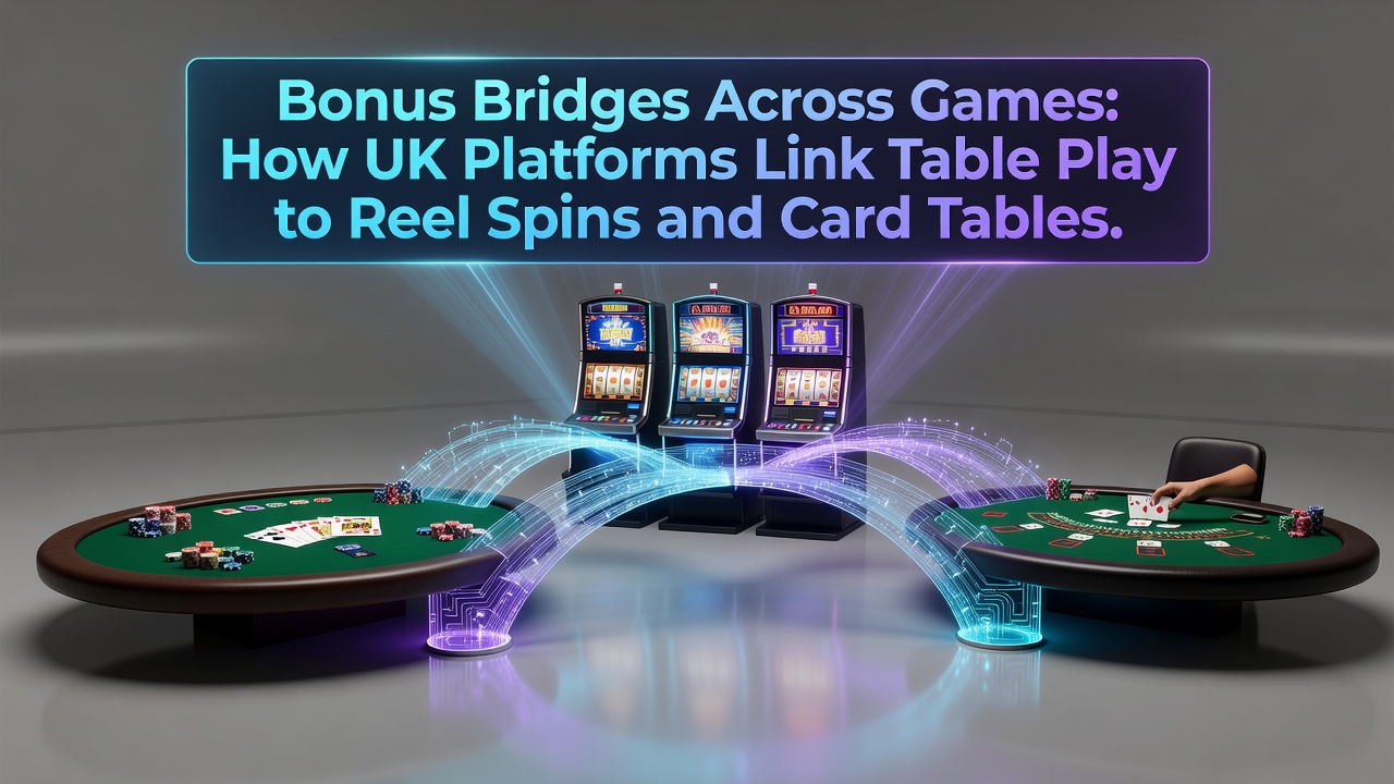 Flow diagram illustrating bonus points moving from table games to slots and card tables on UK platforms