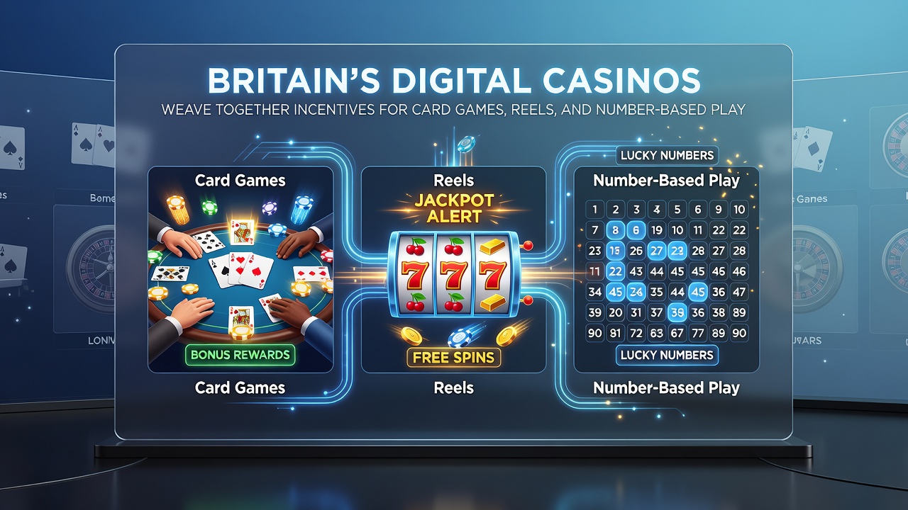 Data visualization of cross-game bonus flows between reels, cards and number-based play in UK platforms