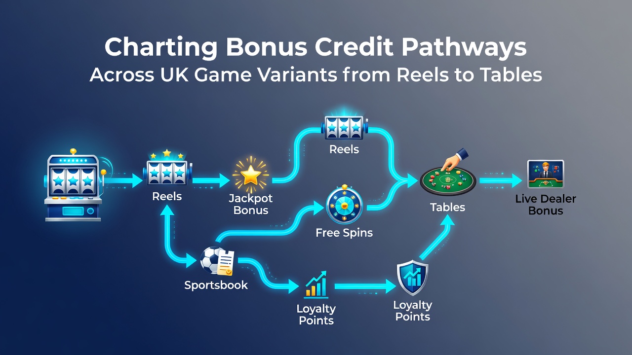 Visual diagram illustrating bonus credit pathways transitioning from slot reels to table games across UK platforms