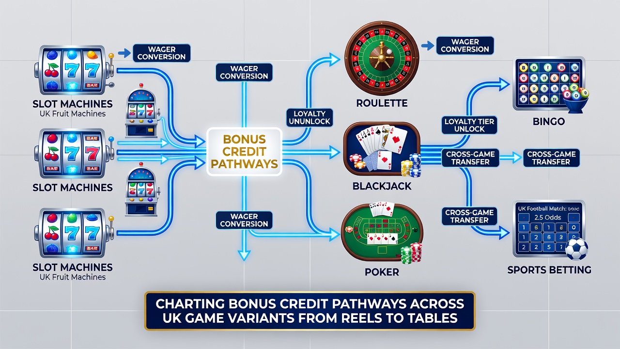 Chart displaying contribution percentages and credit flow rates from slots to roulette and poker in UK gaming environments