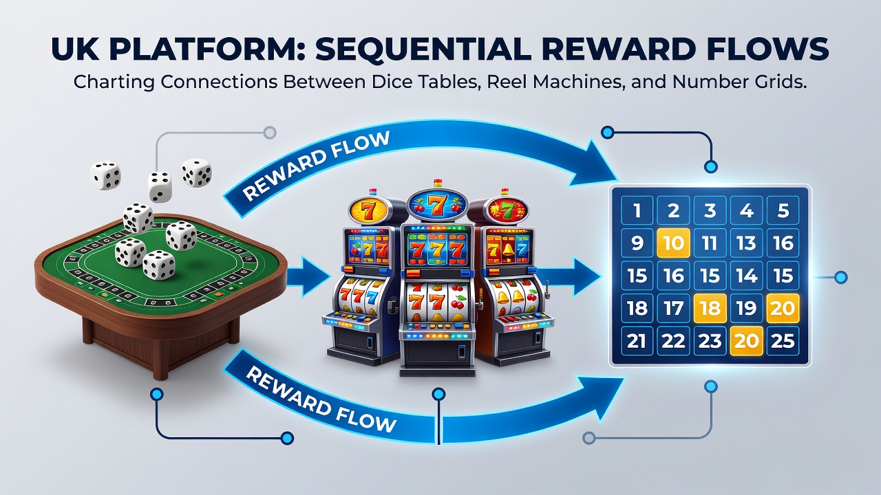 Flowchart illustrating reward progression steps between dice, slots, and bingo grids during 2026 promotional cycles