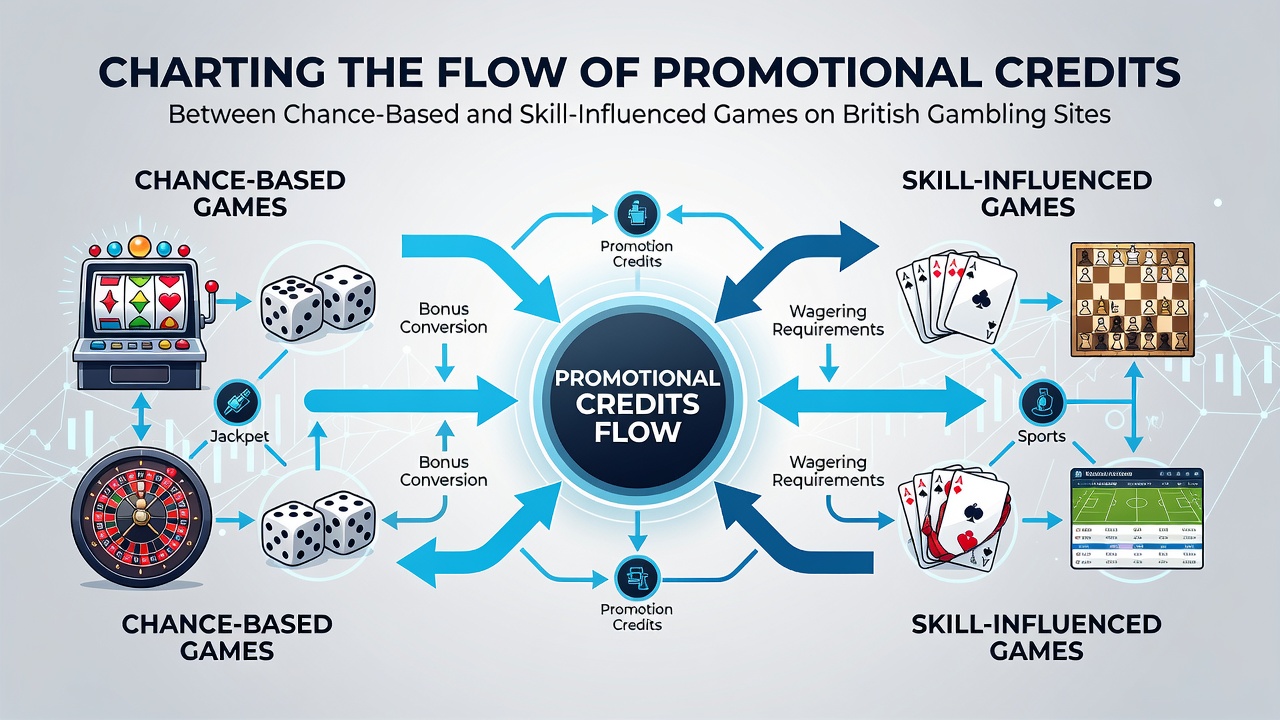 Diagram illustrating promotional credit movement from chance-based games like slots and roulette into skill-influenced titles such as poker and blackjack on UK platforms