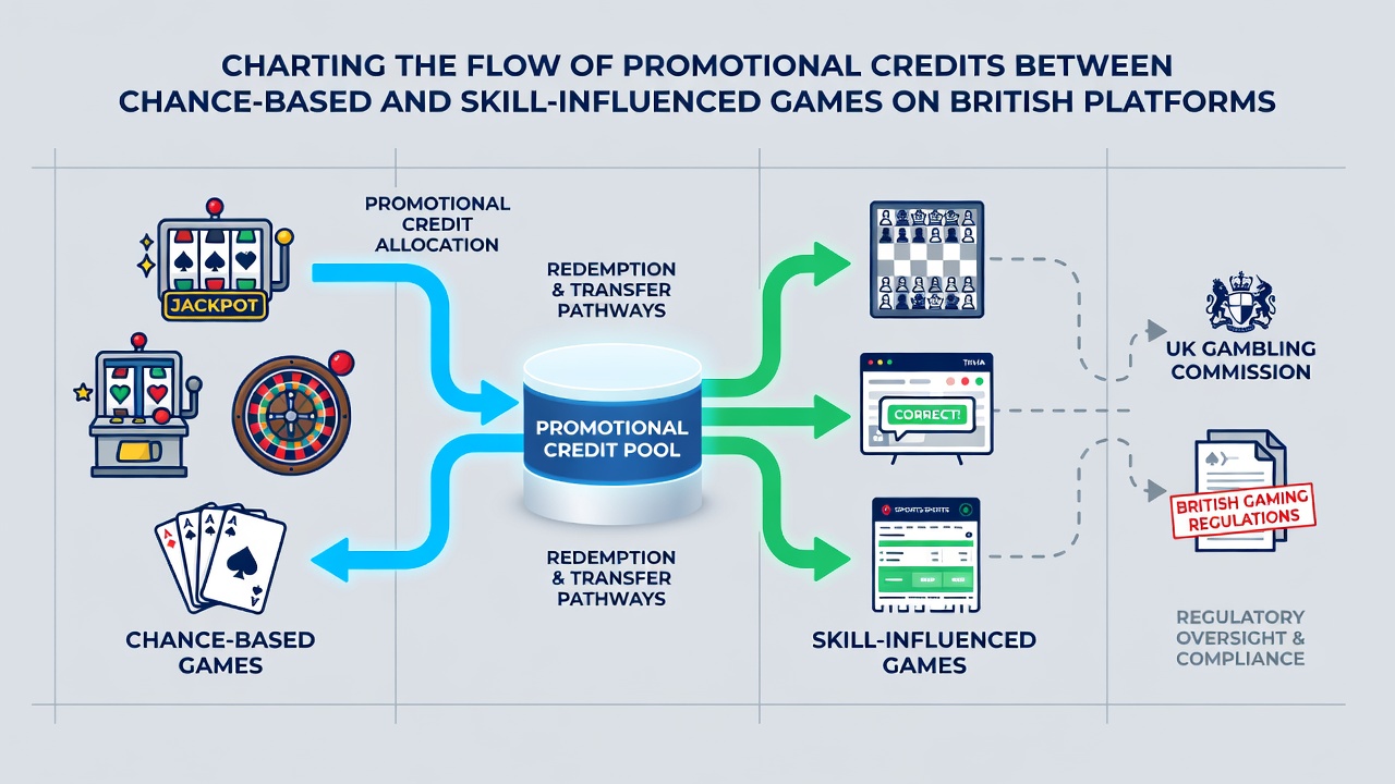 Infographic showing contribution rate percentages and credit flow arrows between slots, roulette, poker, and blackjack categories