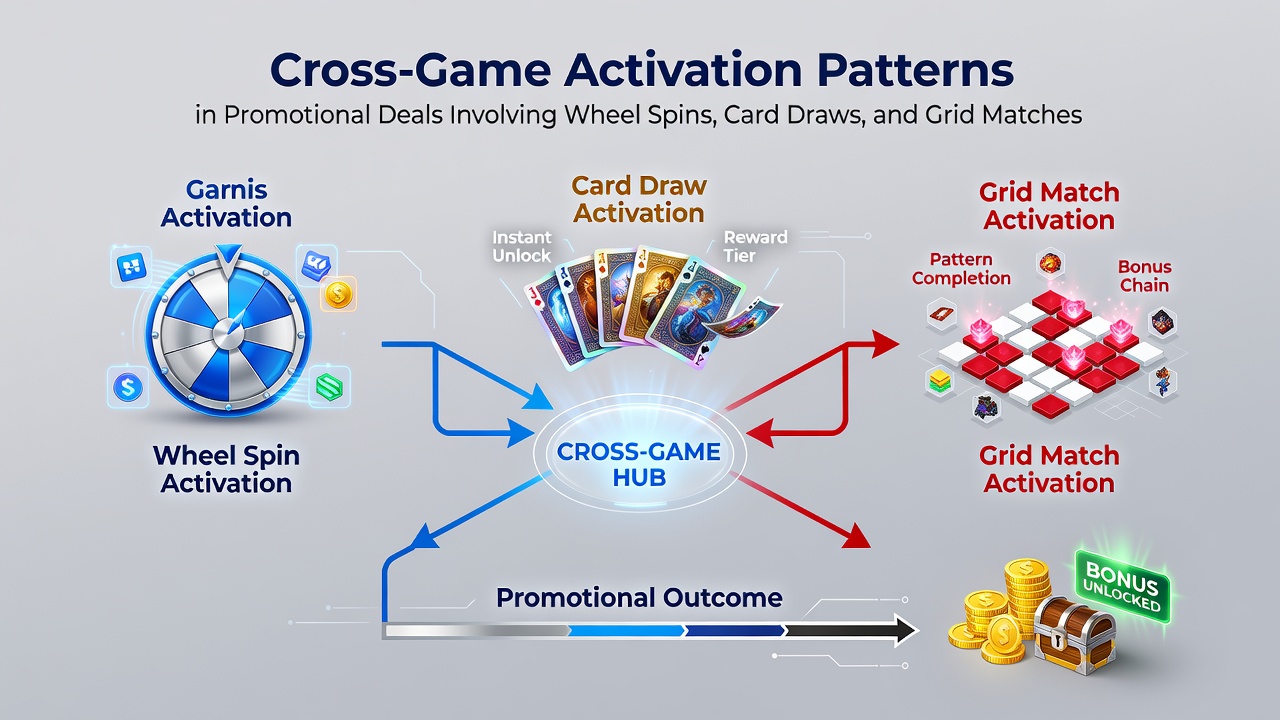 Flowchart illustrating activation pathways between wheel spins, card draws, and grid matches during promotional campaigns
