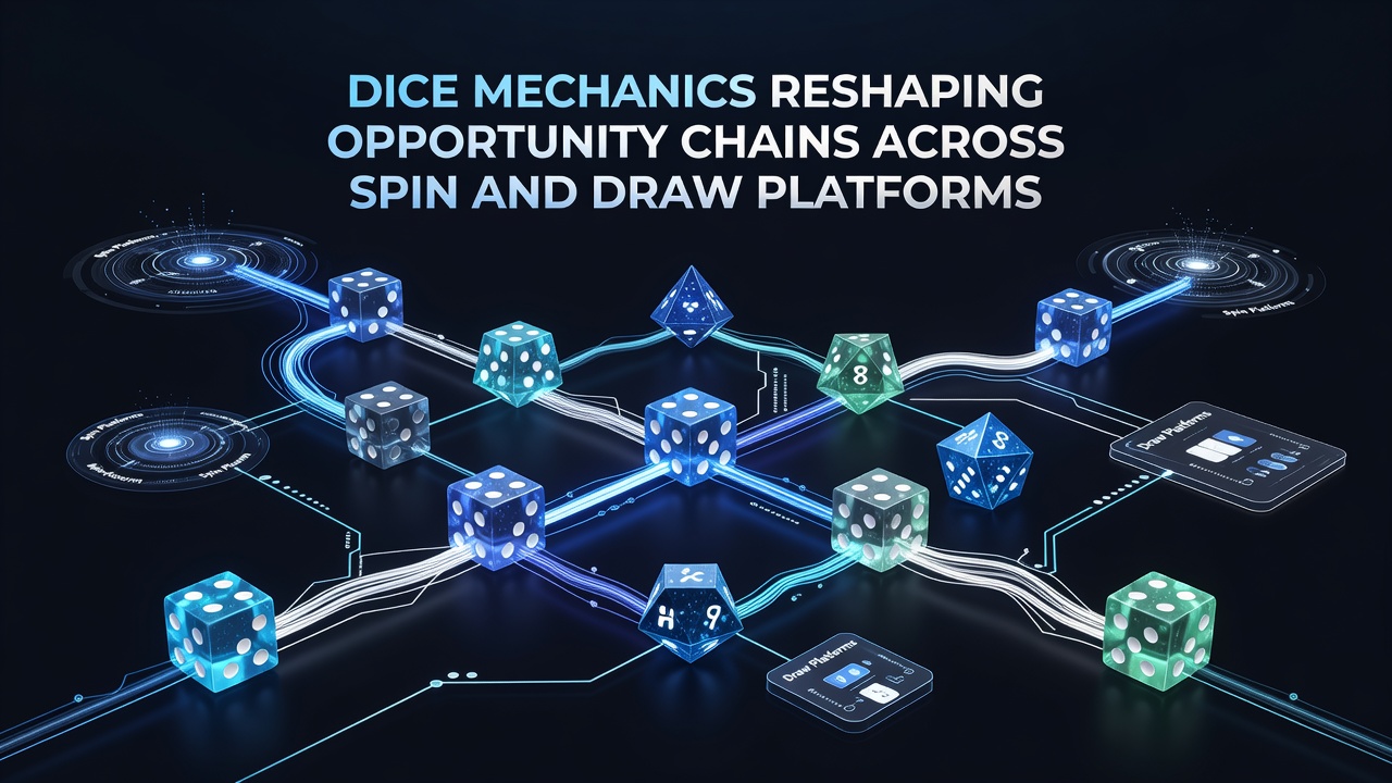 Illustration of interconnected dice mechanics linking spin wheels and draw systems on digital gaming interfaces