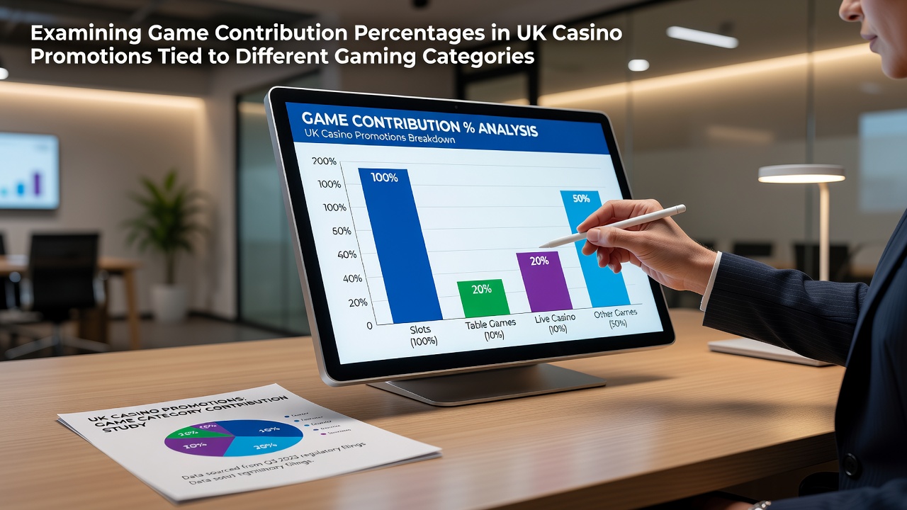 Infographic showing percentage bars for slots, roulette, blackjack and bingo contribution rates in UK casino promotions