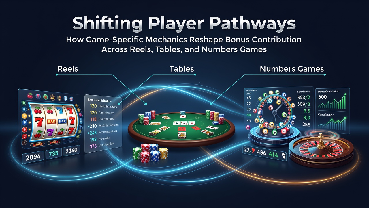 Diagram showing bonus contribution rates varying across slot reels, blackjack tables, and bingo numbers grids