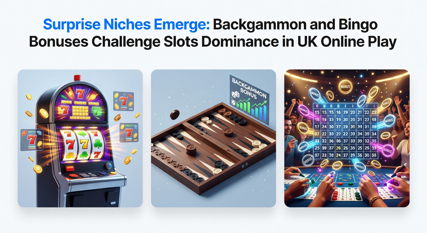 Vibrant online casino interface showing backgammon boards, bingo cards, and slot reels side by side, highlighting emerging bonus trends in UK gaming